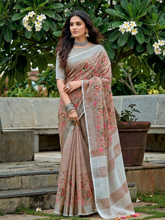 Brown Linen Saree With Blouse Piece