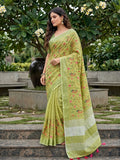 Yellow Green Linen Saree With Blouse Piece
