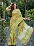 Yellow Green Linen Saree With Blouse Piece
