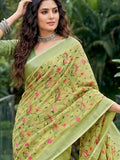 Yellow Green Linen Saree With Blouse Piece