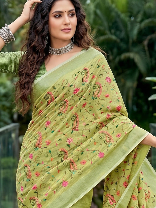 Yellow Green Linen Saree With Blouse Piece