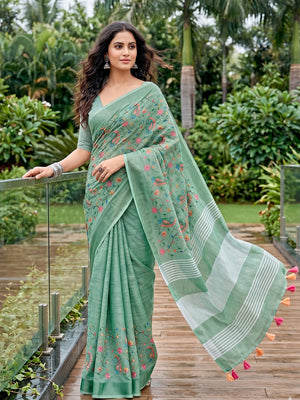 Sea Green Linen Saree With Blouse Piece