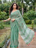 Sea Green Linen Saree With Blouse Piece