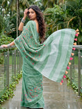Sea Green Linen Saree With Blouse Piece
