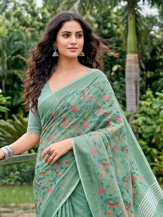 Sea Green Linen Saree With Blouse Piece