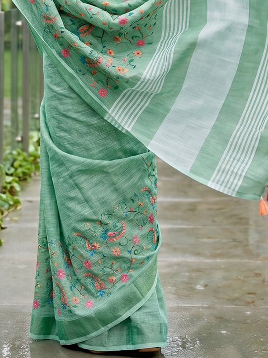 Sea Green Linen Saree With Blouse Piece