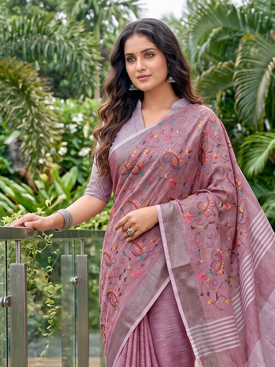 Purple Linen Saree With Blouse Piece