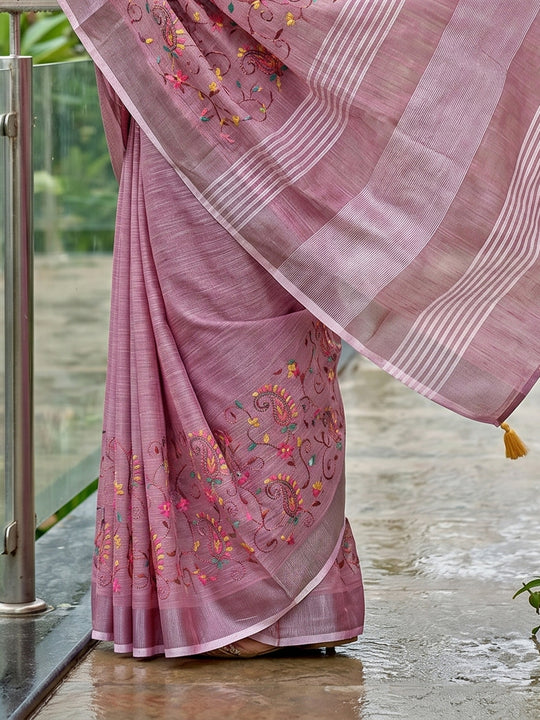Purple Linen Saree With Blouse Piece