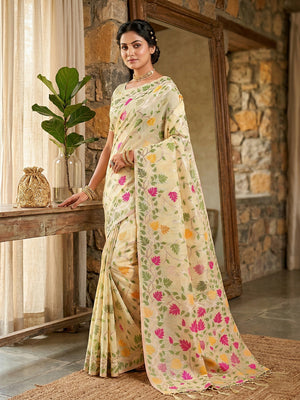 Cream Linen Cotton Saree With Blouse Piece