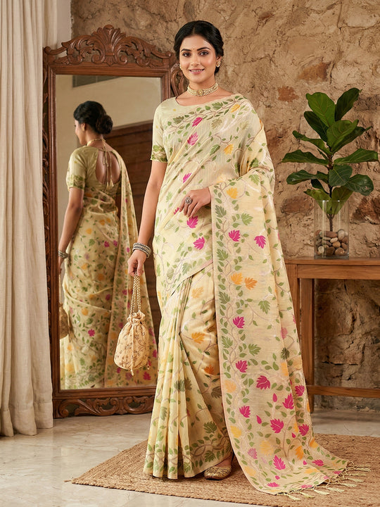 Cream Linen Cotton Saree With Blouse Piece