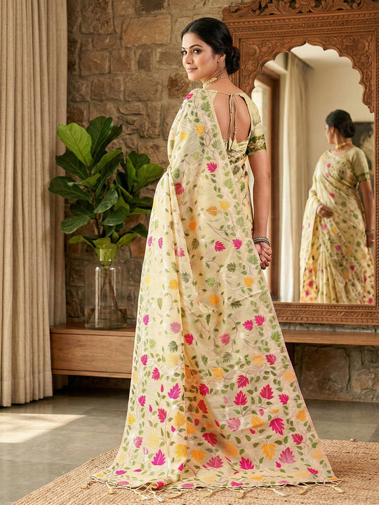 Cream Linen Cotton Saree With Blouse Piece