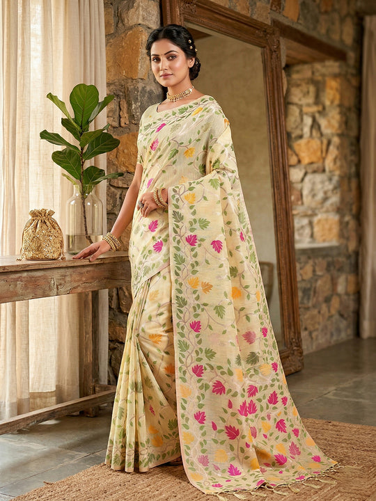 Cream Linen Cotton Saree With Blouse Piece