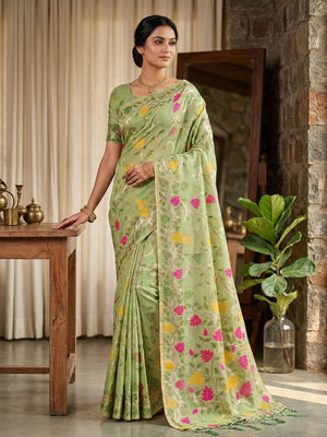 Green Linen Cotton Saree With Blouse Piece