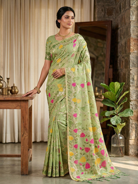 Green Linen Cotton Saree With Blouse Piece
