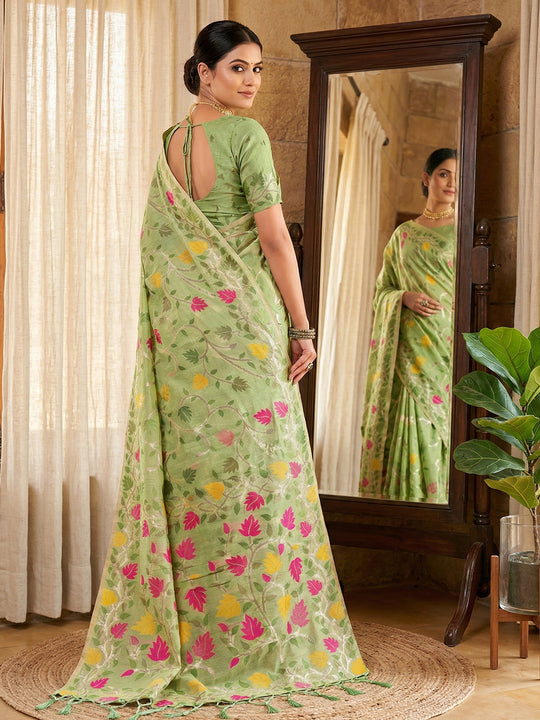 Green Linen Cotton Saree With Blouse Piece