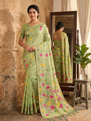 Green Linen Cotton Saree With Blouse Piece