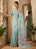 Sky Blue Linen Cotton Saree With Blouse Piece