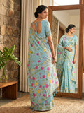 Sky Blue Linen Cotton Saree With Blouse Piece