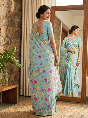 Sky Blue Linen Cotton Saree With Blouse Piece