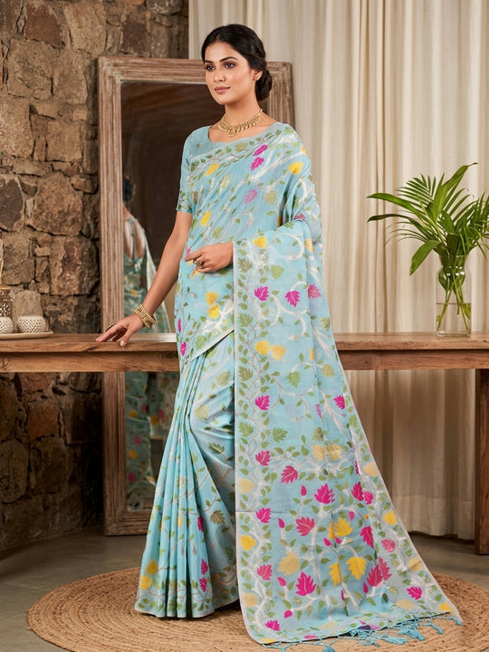Sky Blue Linen Cotton Saree With Blouse Piece