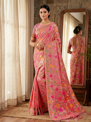 Pink Linen Cotton Saree With Blouse Piece