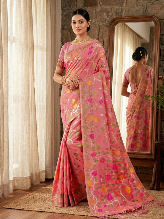 Pink Linen Cotton Saree With Blouse Piece