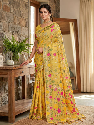 Yellow Linen Cotton Saree With Blouse Piece