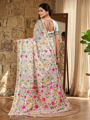 White Linen Cotton Saree With Blouse Piece