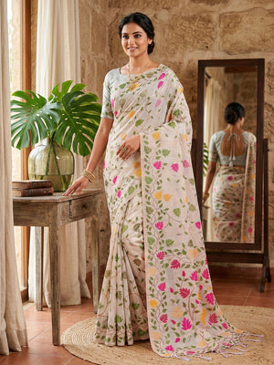 White Linen Cotton Saree With Blouse Piece