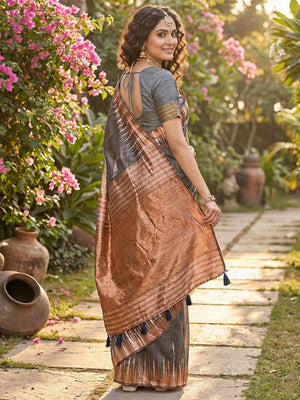 Grey Linen Cotton Saree With Blouse Piece