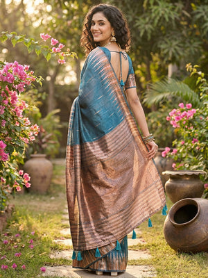 Blue Linen Cotton Saree With Blouse Piece