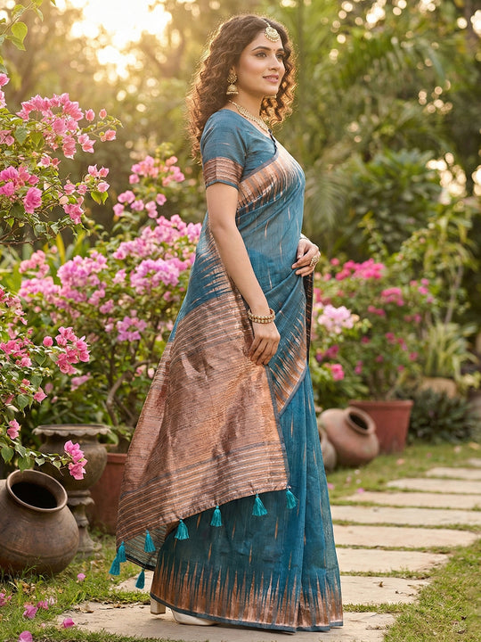 Blue Linen Cotton Saree With Blouse Piece