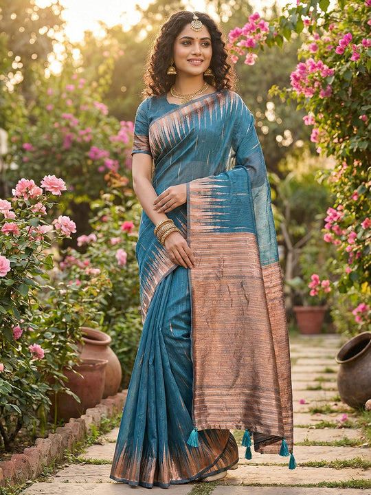 Blue Linen Cotton Saree With Blouse Piece
