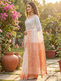 White Linen Cotton Saree With Blouse Piece