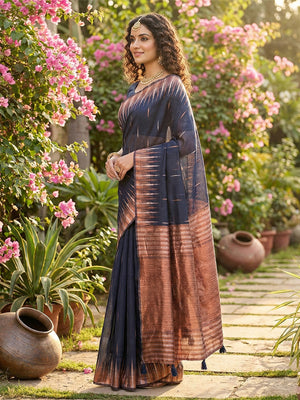 Navy Blue Linen Cotton Saree With Blouse Piece