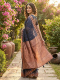 Navy Blue Linen Cotton Saree With Blouse Piece