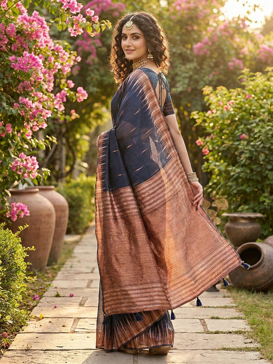Navy Blue Linen Cotton Saree With Blouse Piece