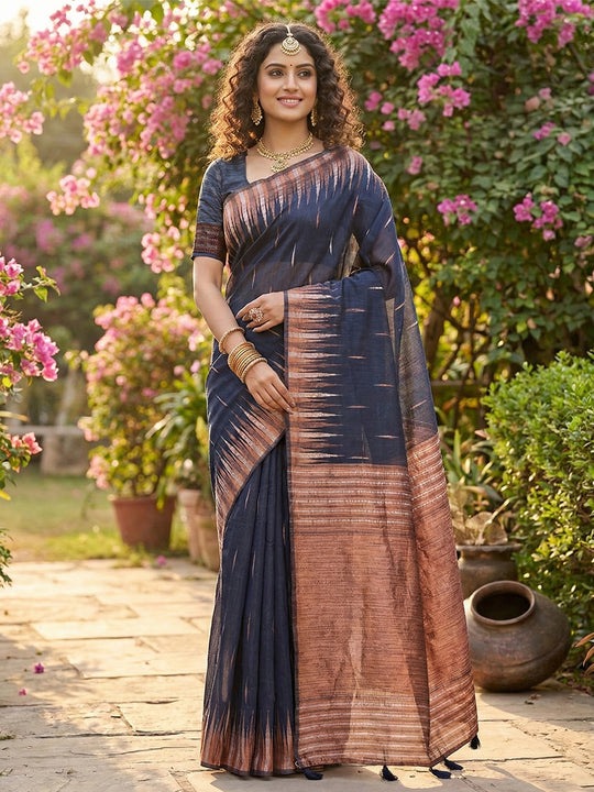 Navy Blue Linen Cotton Saree With Blouse Piece