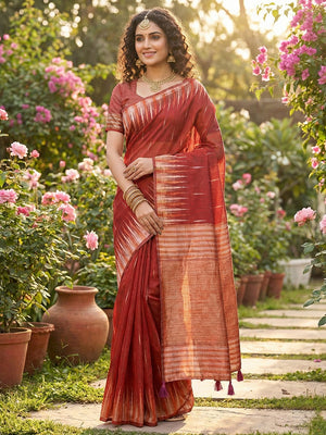 Red Linen Cotton Saree With Blouse Piece