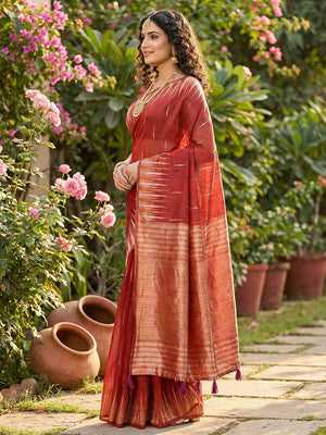 Red Linen Cotton Saree With Blouse Piece