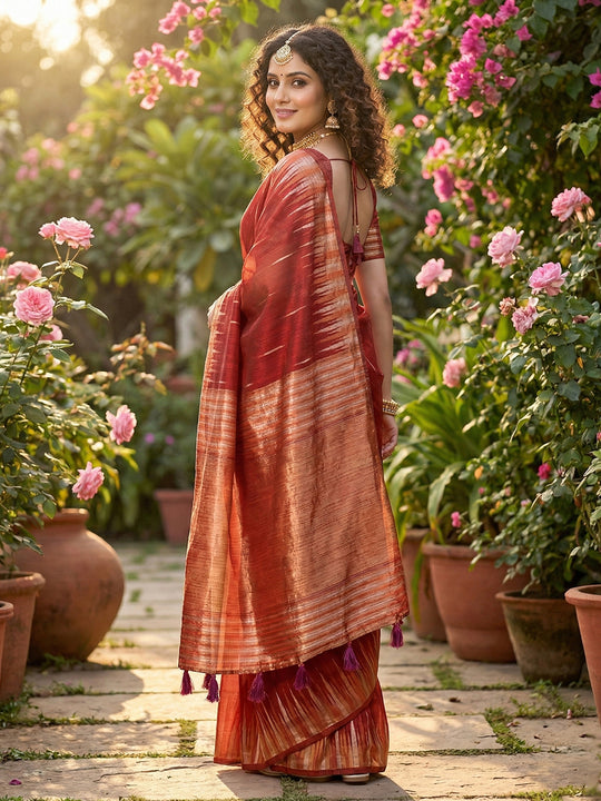 Red Linen Cotton Saree With Blouse Piece