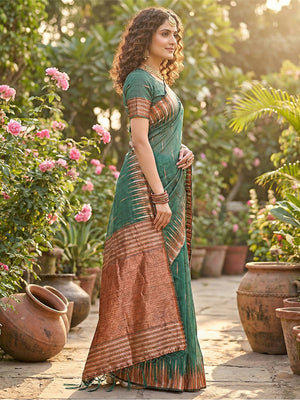 Green Linen Cotton Saree With Blouse Piece
