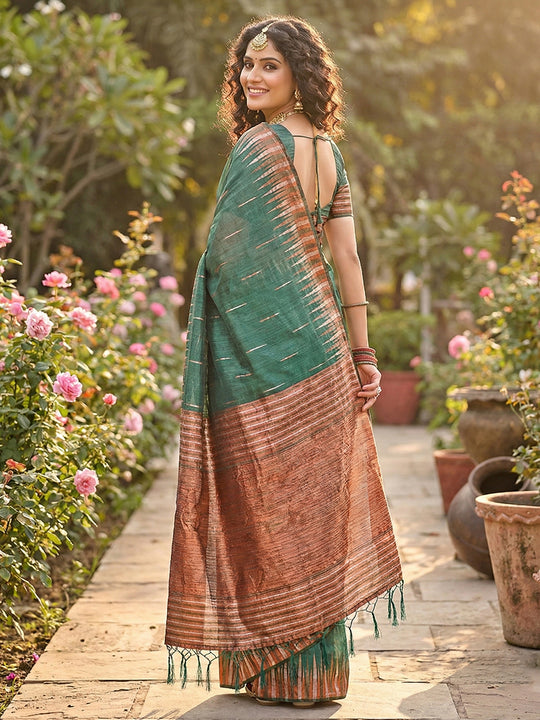 Green Linen Cotton Saree With Blouse Piece