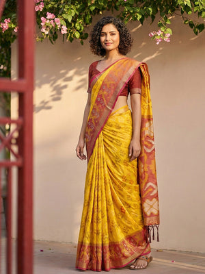 Yellow Pochampalli Silk Saree With Grey Blouse Piece