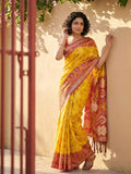 Yellow Pochampalli Silk Saree With Grey Blouse Piece