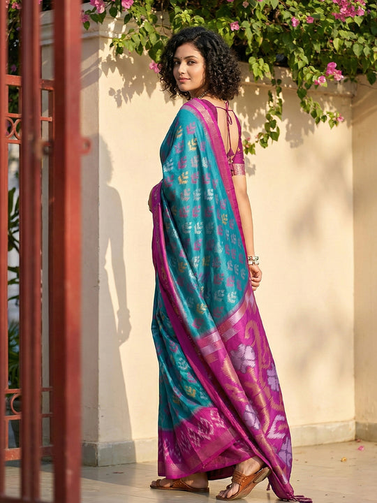 Sky Blue Pochampalli Silk Saree With Pink Blouse Piece