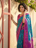 Sky Blue Pochampalli Silk Saree With Pink Blouse Piece