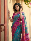 Sky Blue Pochampalli Silk Saree With Pink Blouse Piece