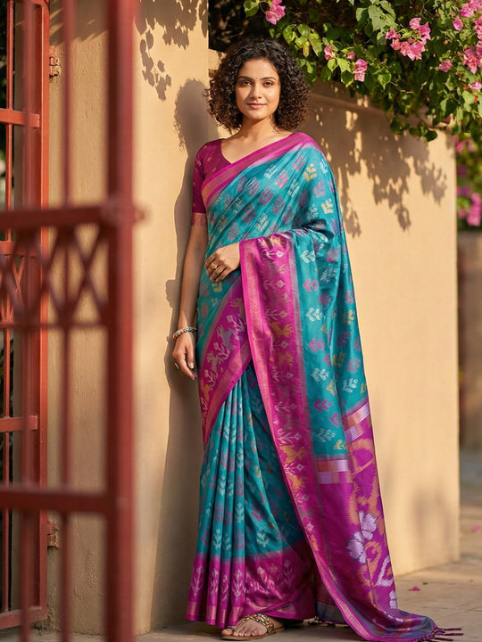 Sky Blue Pochampalli Silk Saree With Pink Blouse Piece