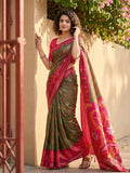 Olive Green Pochampalli Silk Saree With Teal Green  Blouse Piece